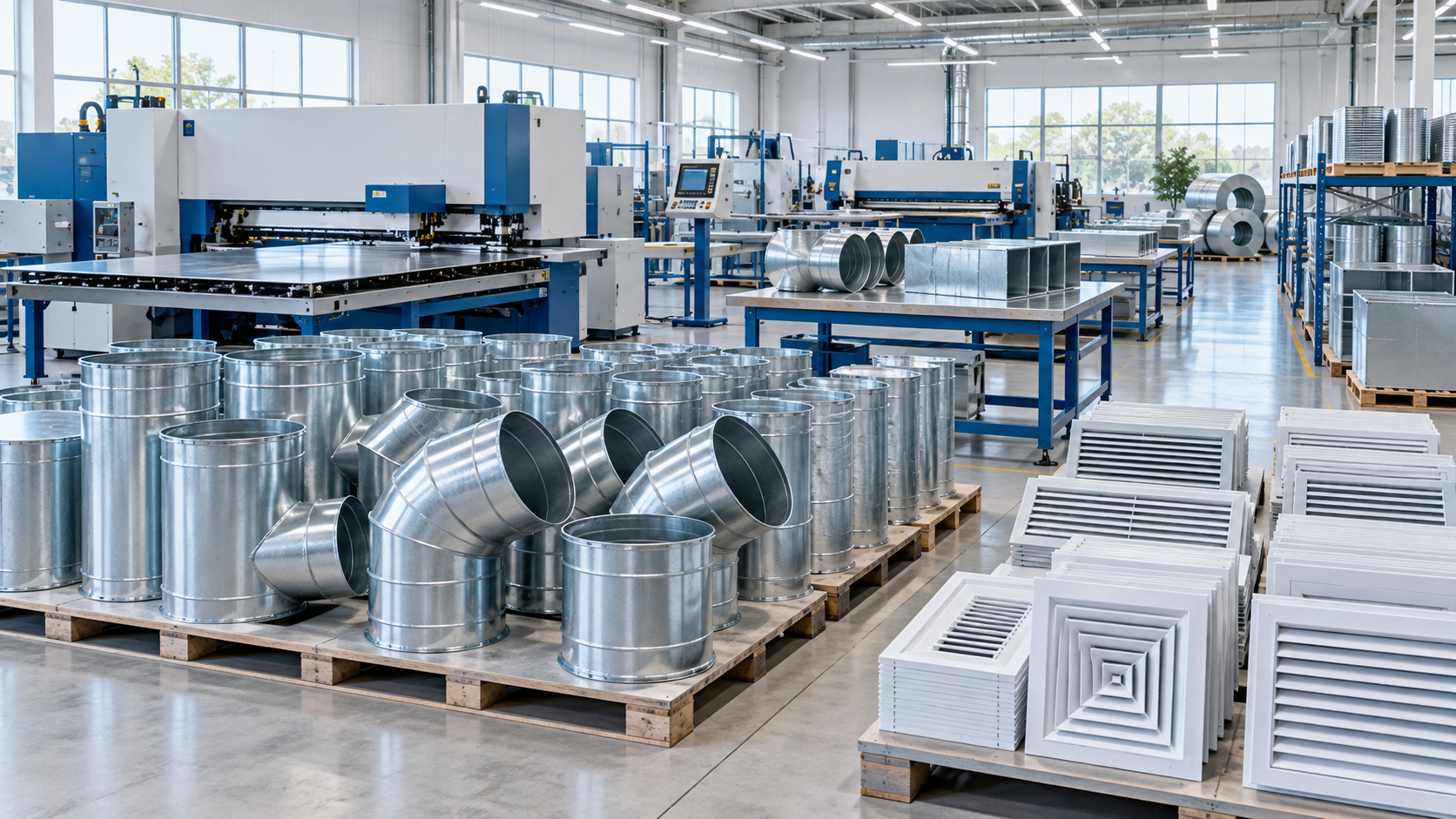 Illustrative organized HVAC manufacturing scene